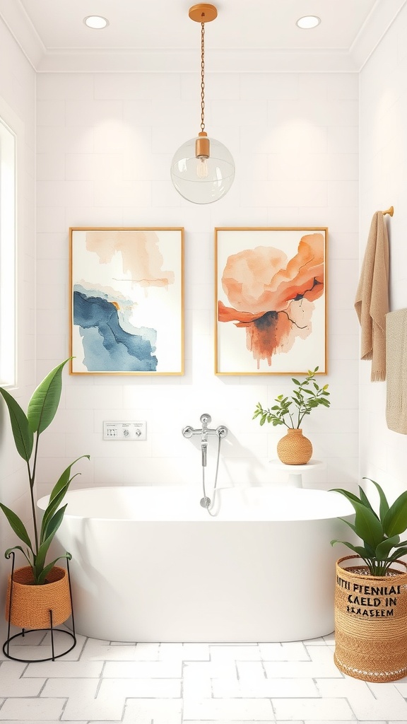 A bathroom featuring abstract watercolor paintings, a modern bathtub, and decorative plants.