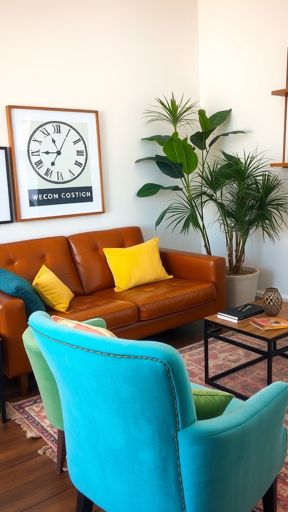 A cozy living room featuring a brown leather couch with bright teal accent chairs and decorative pillows.