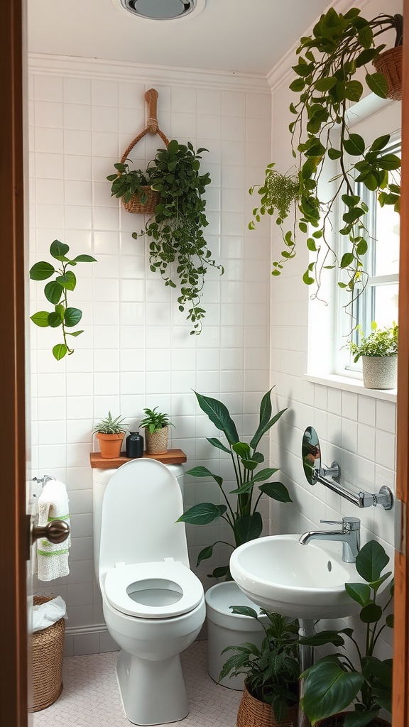 A small bathroom decorated with various plants, including hanging plants and potted plants, creating a fresh atmosphere.