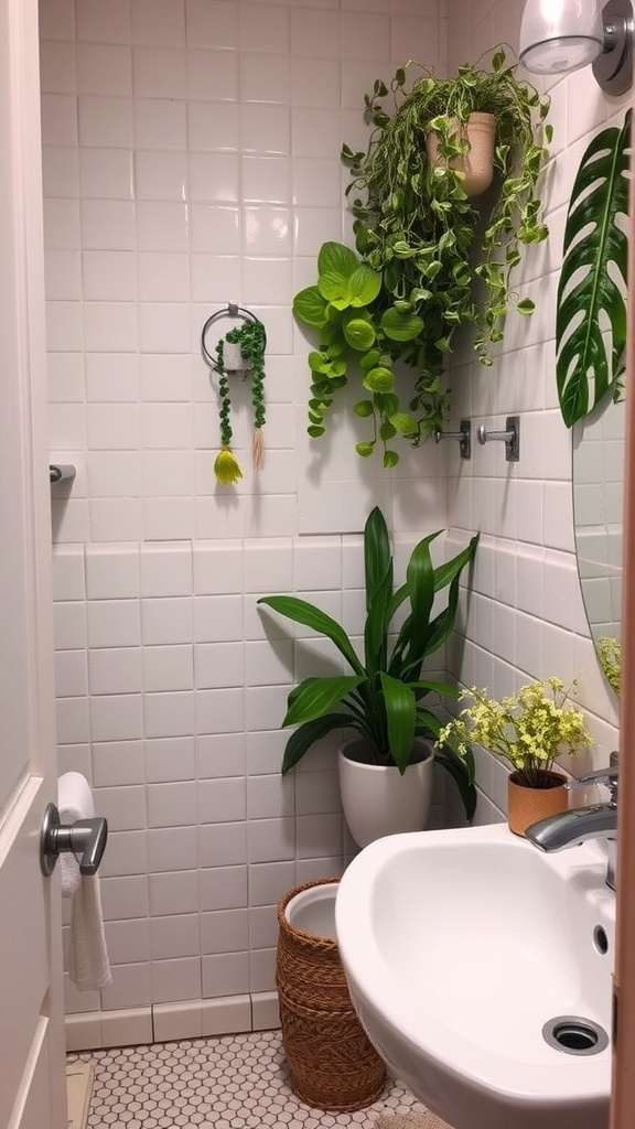 A small bathroom with various plants, including hanging and potted options, providing a fresh look.