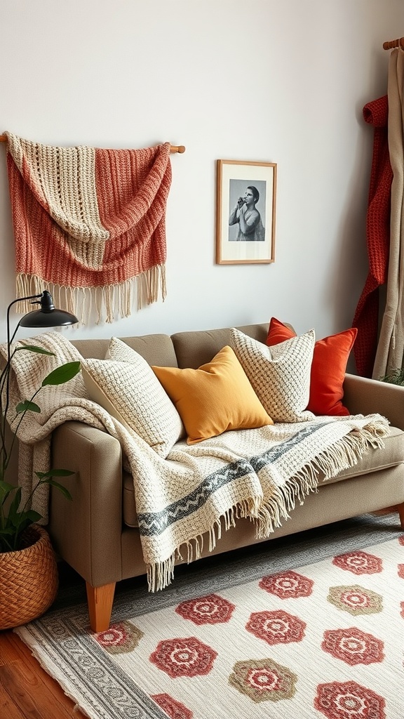 Cozy living room setup with a sofa, colorful pillows, and textured throws