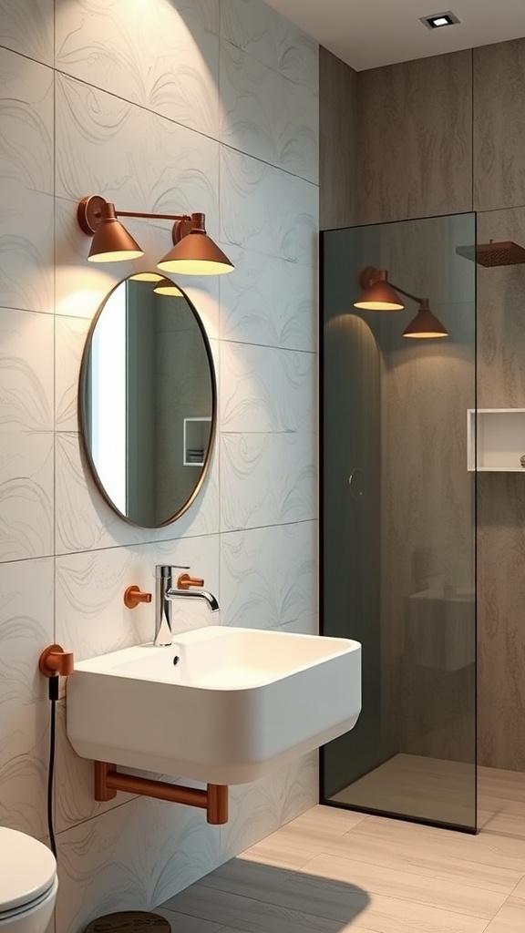 A modern bathroom featuring adjustable arm wall lamps above a round mirror, with a sleek sink and glass shower enclosure.
