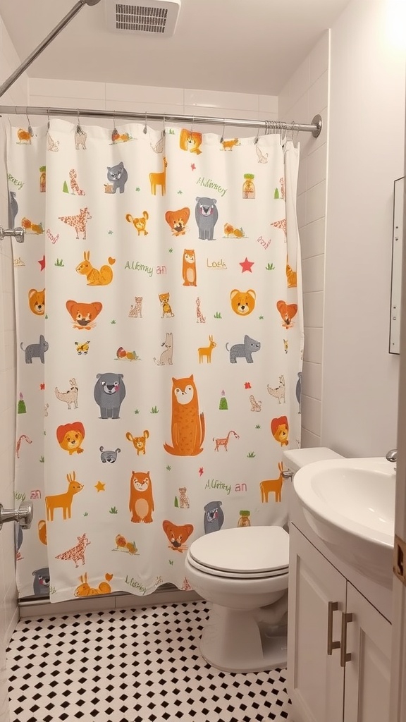 A playful shower curtain with colorful animal designs in a bathroom setting.