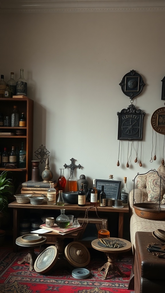 A cozy alchemy and potions corner featuring shelves filled with colorful bottles, herbs, and mystical tools.