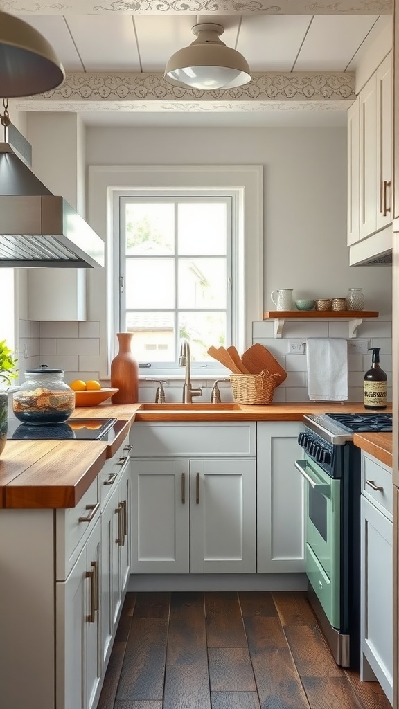 A cozy cottage kitchen featuring an antique green stove, modern cabinetry, and warm wooden accents.