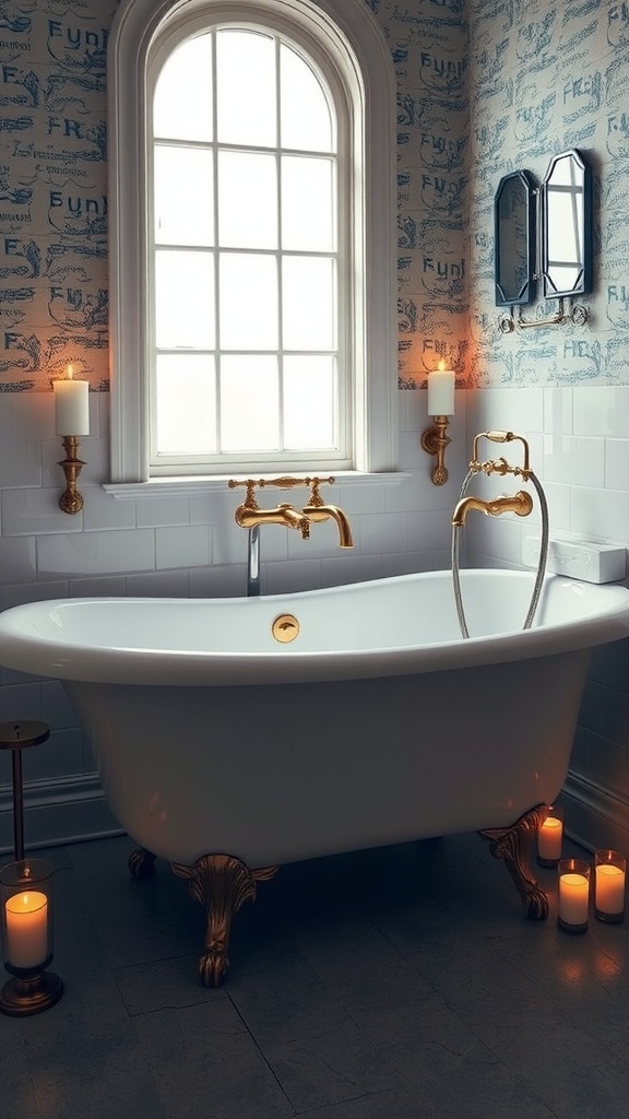 Antique bathtub with brass fixtures and candlelight in a vintage bathroom