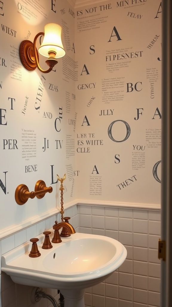 A bathroom featuring an antique brass wall sconce with text-patterned wallpaper