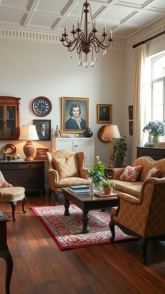 A cozy living room with antique furniture, vintage portraits, and a chandelier.