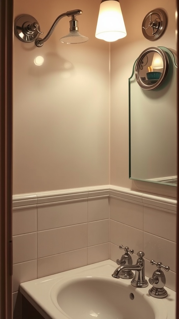 A vintage bathroom with Art Deco fixtures including a stylish light, chrome showerhead, and elegant faucet.