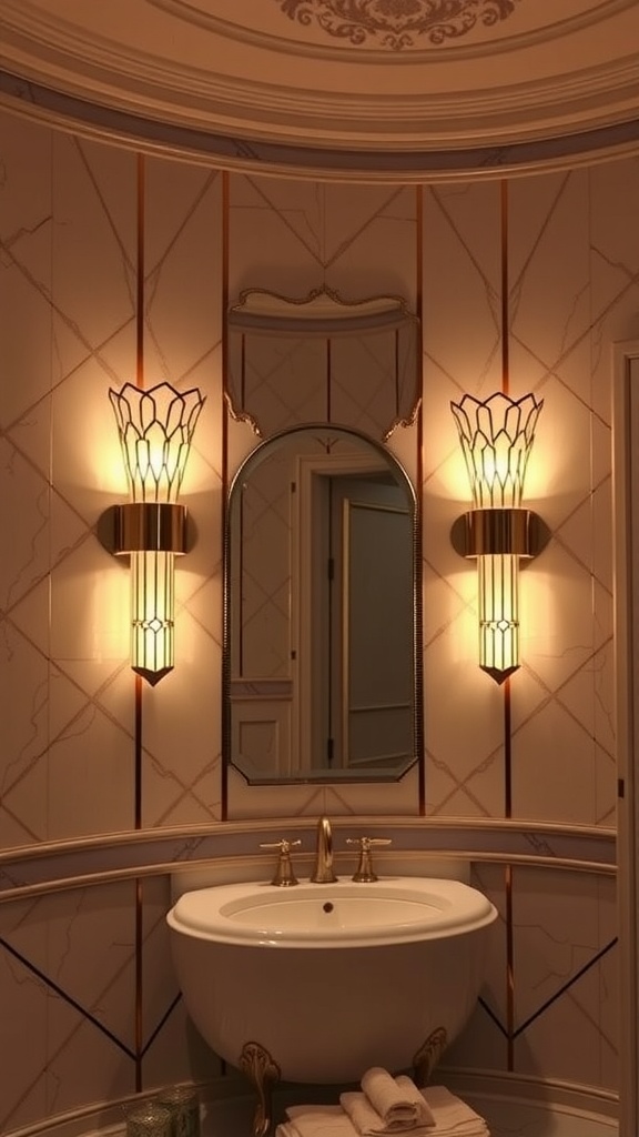 Elegant Art Deco wall lamps illuminating a bathroom mirror.