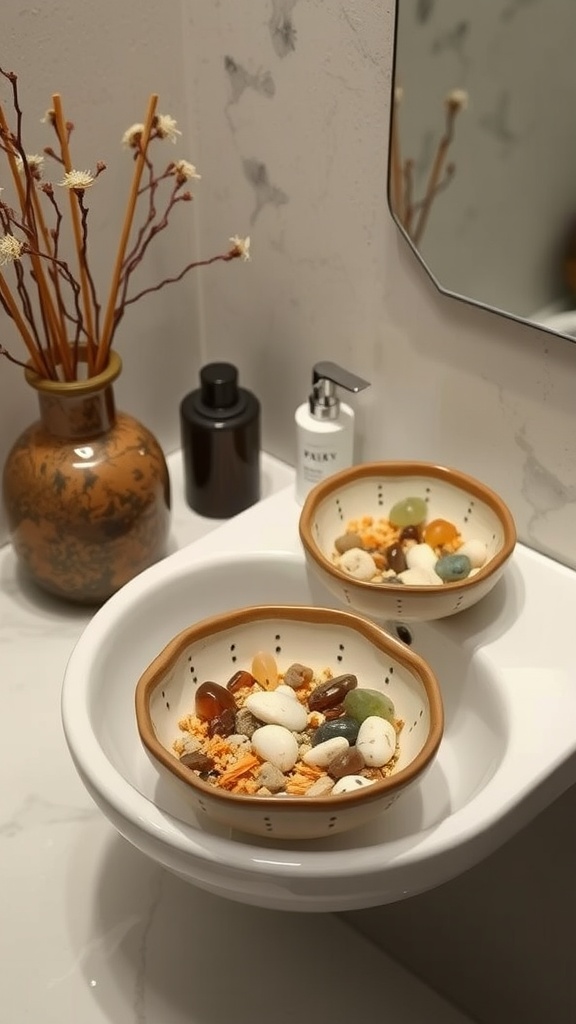 Two decorative ceramic bowls filled with colorful stones on a bathroom sink.