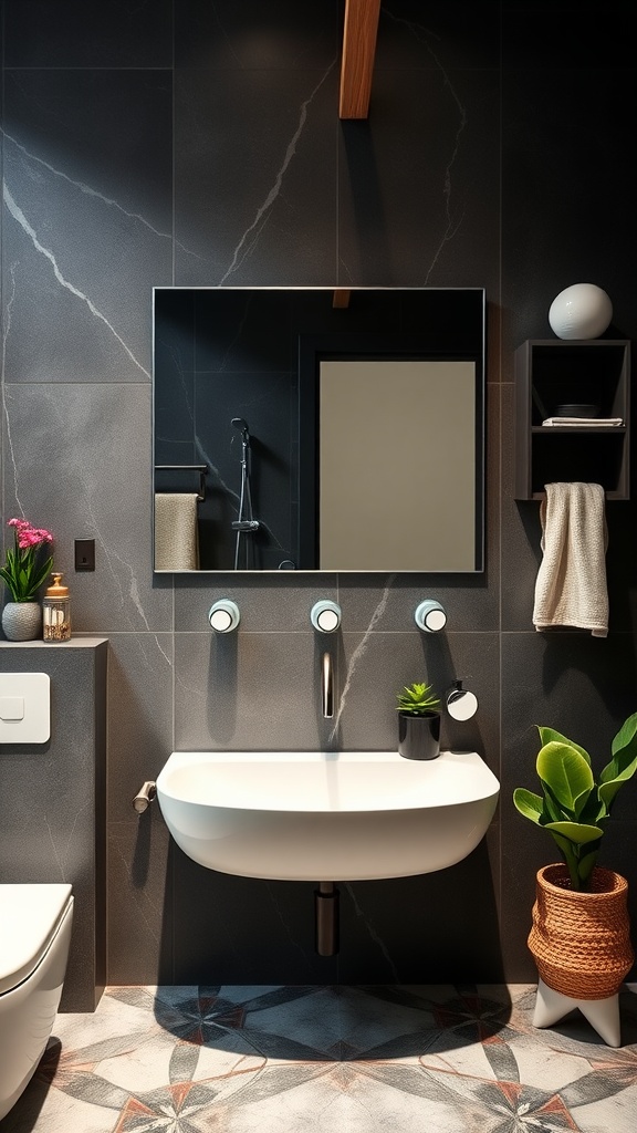 A stylish bathroom featuring wall-mounted faucets, dark tiles, and a clean design