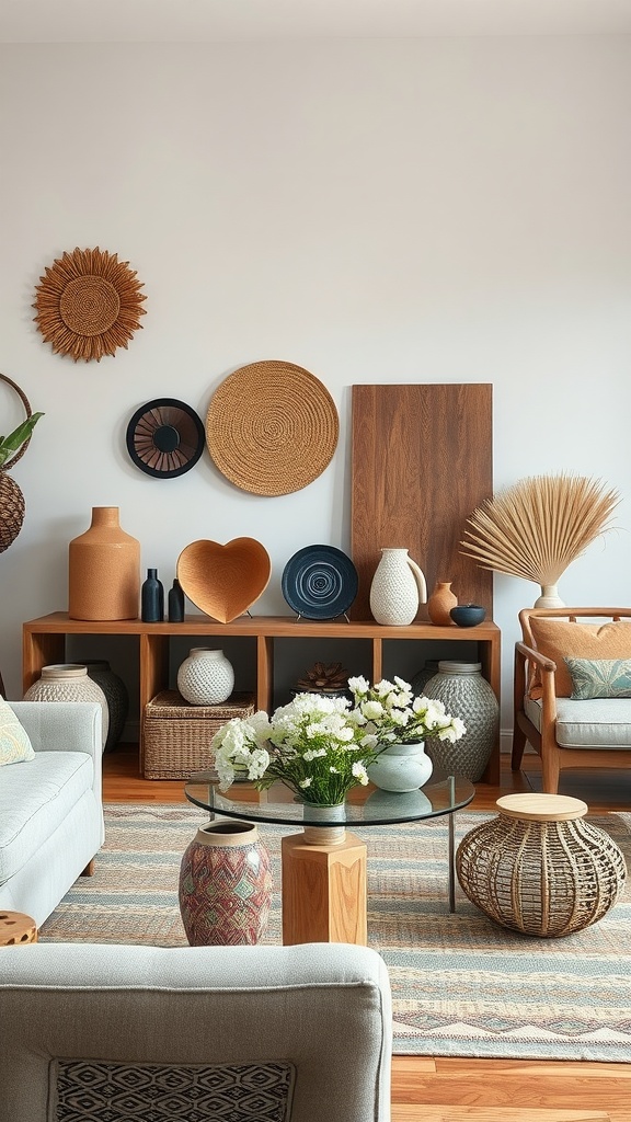 A stylish living room featuring artisanal handcrafted accessories, including woven wall art and decorative vases.