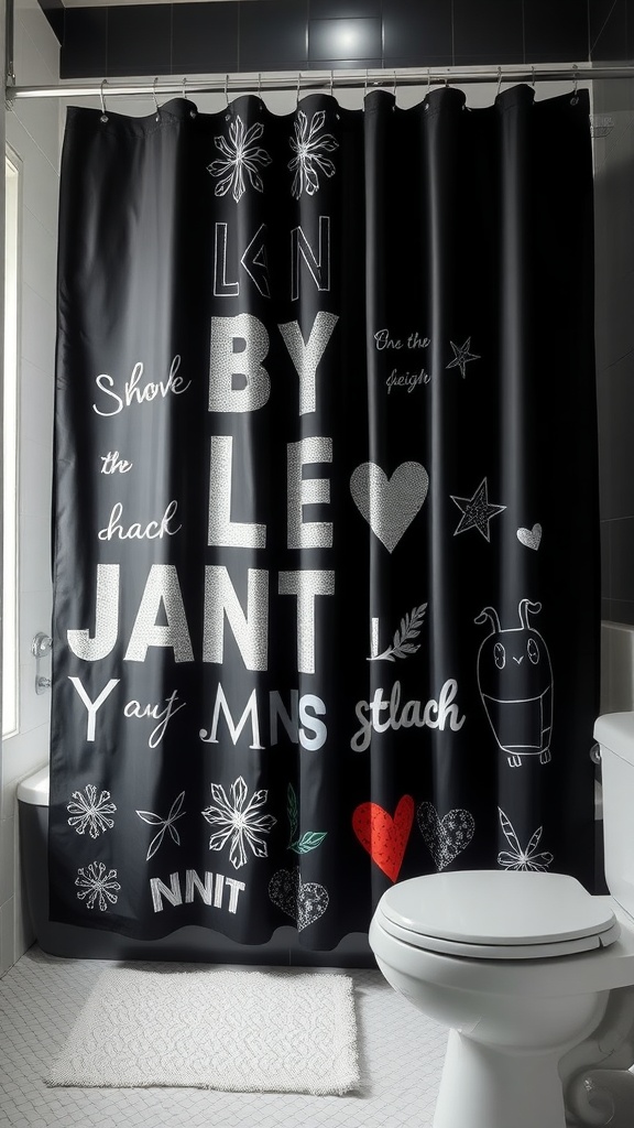 Artistic black shower curtain with playful typography and designs