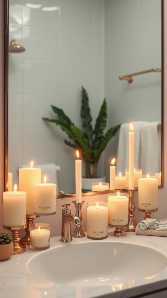 An artistic arrangement of candles on a bathroom counter, with a plant in the background.