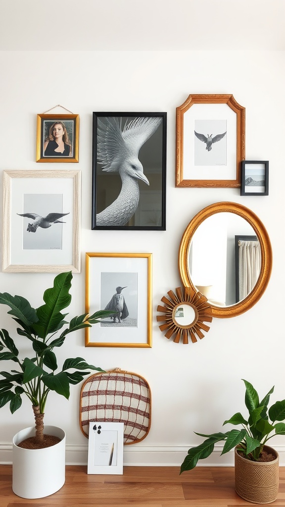 Artistic gallery wall display featuring a mix of framed pictures and mirrors along with indoor plants.