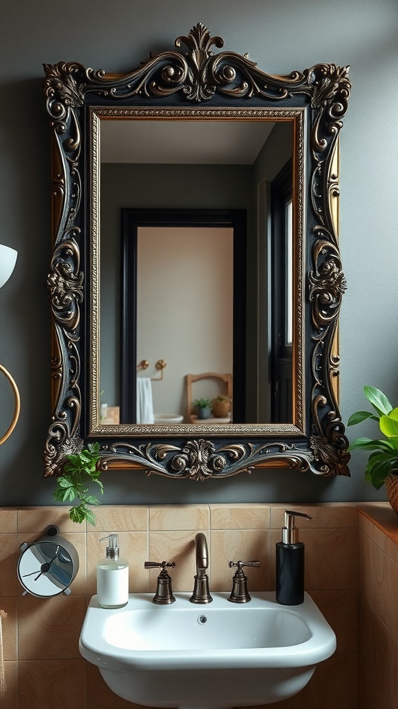 A beautifully ornate mirror frame in a bathroom setting, featuring intricate designs and a black and gold color scheme.