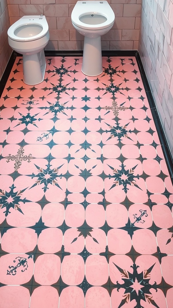Artistic pink and black tile flooring in a bathroom