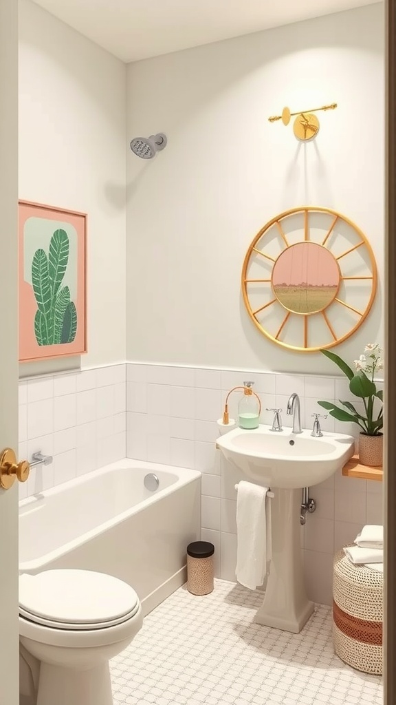 A stylish bathroom featuring pink and green artwork, a sunburst mirror, and plants.
