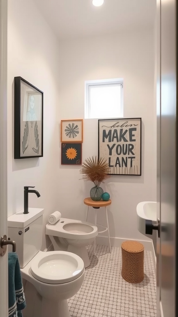 A stylish bathroom featuring a variety of wall art, including framed pictures and bold text art.