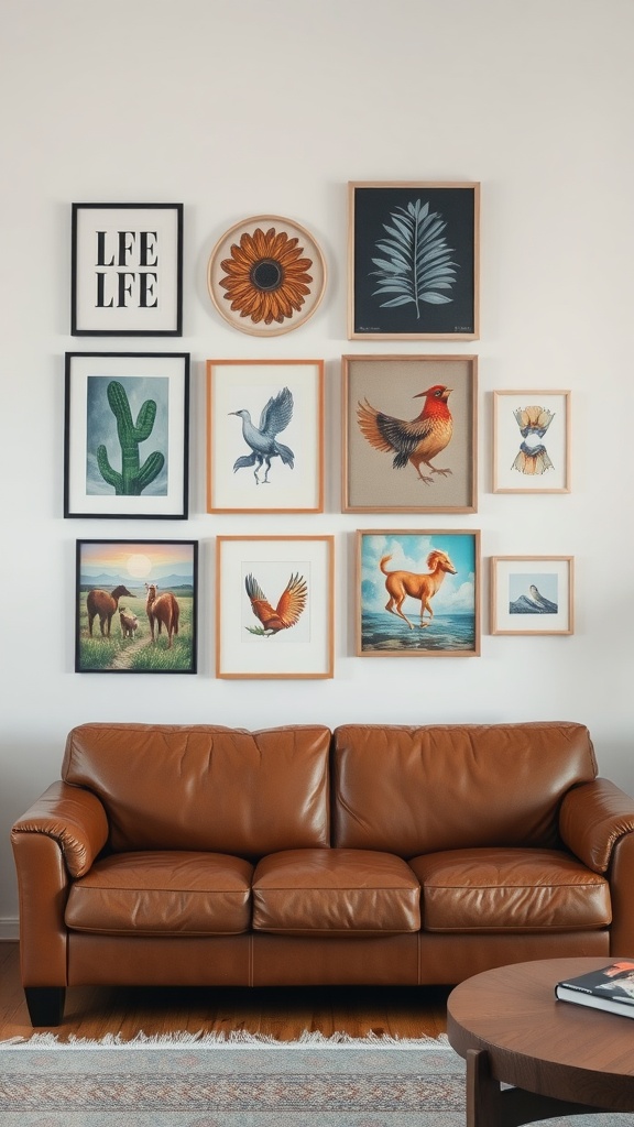 A brown leather couch in a living room with a gallery wall of framed art, including animals and plants.