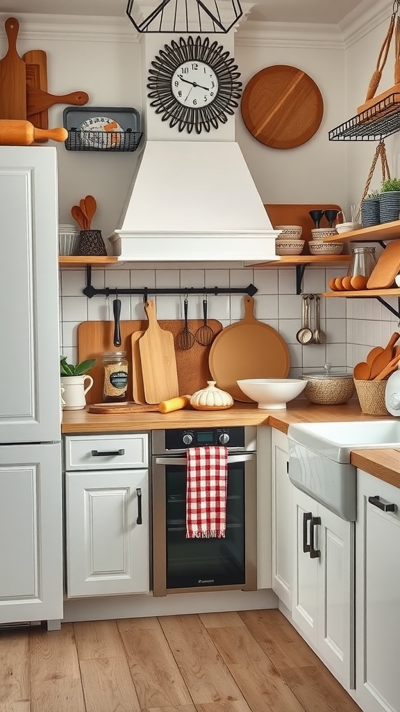 A cozy kitchen decorated with wooden shelves, utensils, and a red and white checkered towel.