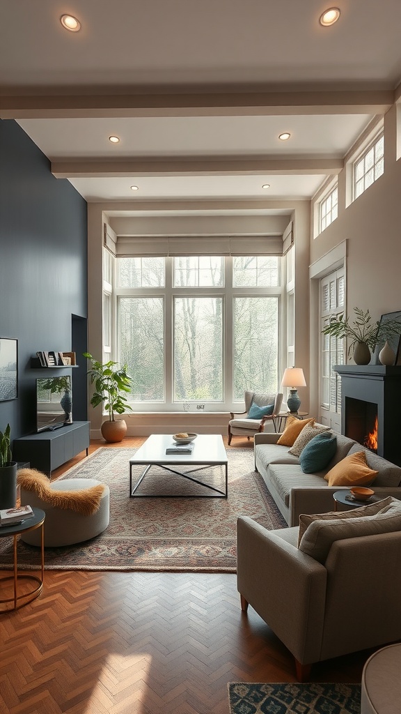 A spacious living room with large windows, cozy seating, and warm decor