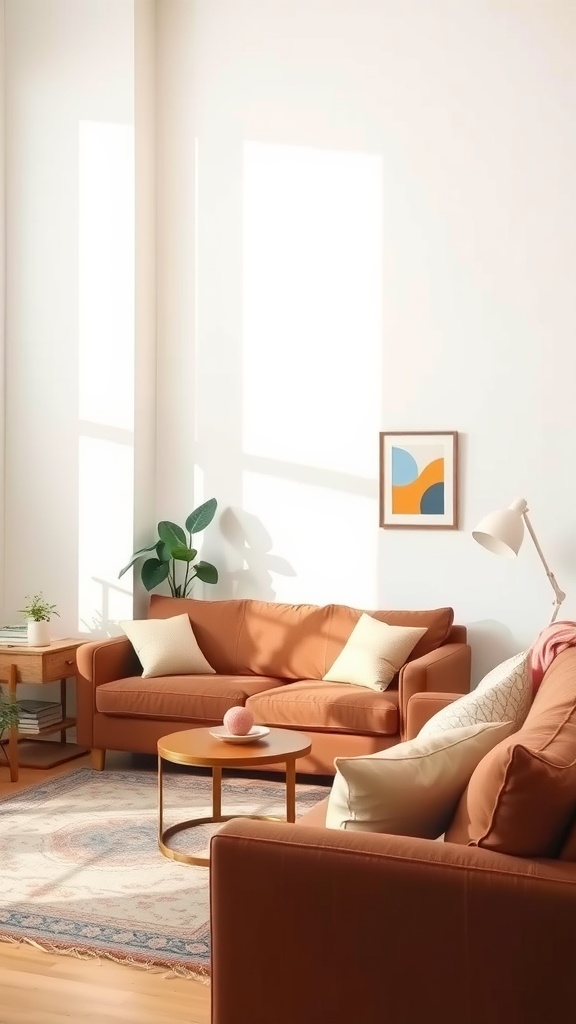 A bright living room featuring two brown couches, a wooden coffee table, and a plant, with light streaming in from large windows.
