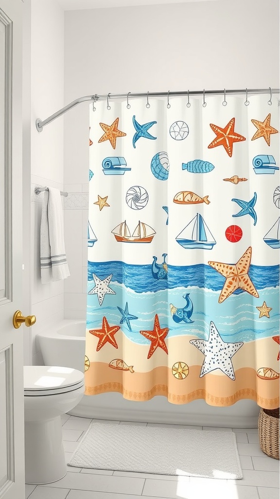 A beach-themed shower curtain featuring starfish, seashells, and sailboats in bright colors.