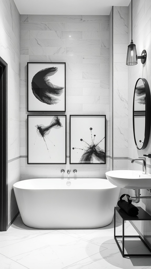 A modern bathroom featuring black and white artwork on the wall, a freestanding bathtub, and a sleek sink area.