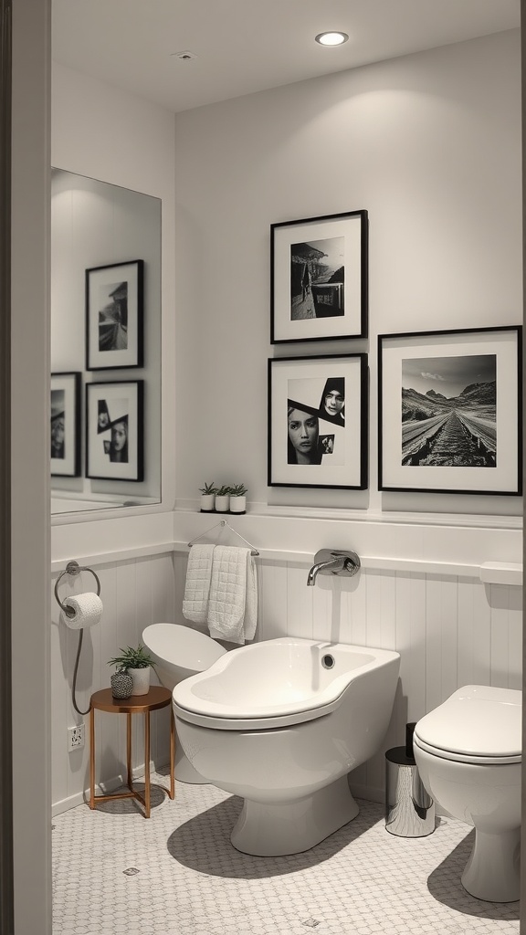 A modern bathroom featuring black and white photography on the walls, light tiles, and elegant fixtures.