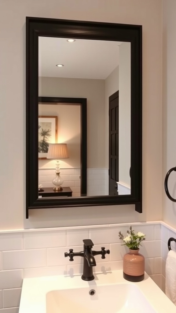A black framed bathroom mirror reflecting stylish decor.