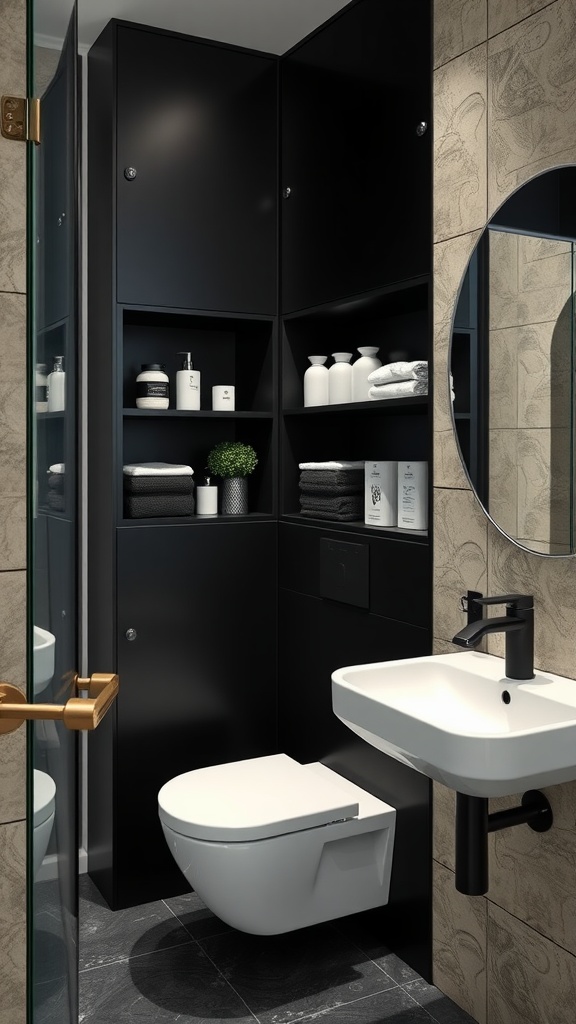 Modern bathroom with sleek black storage unit, displaying towels and toiletries