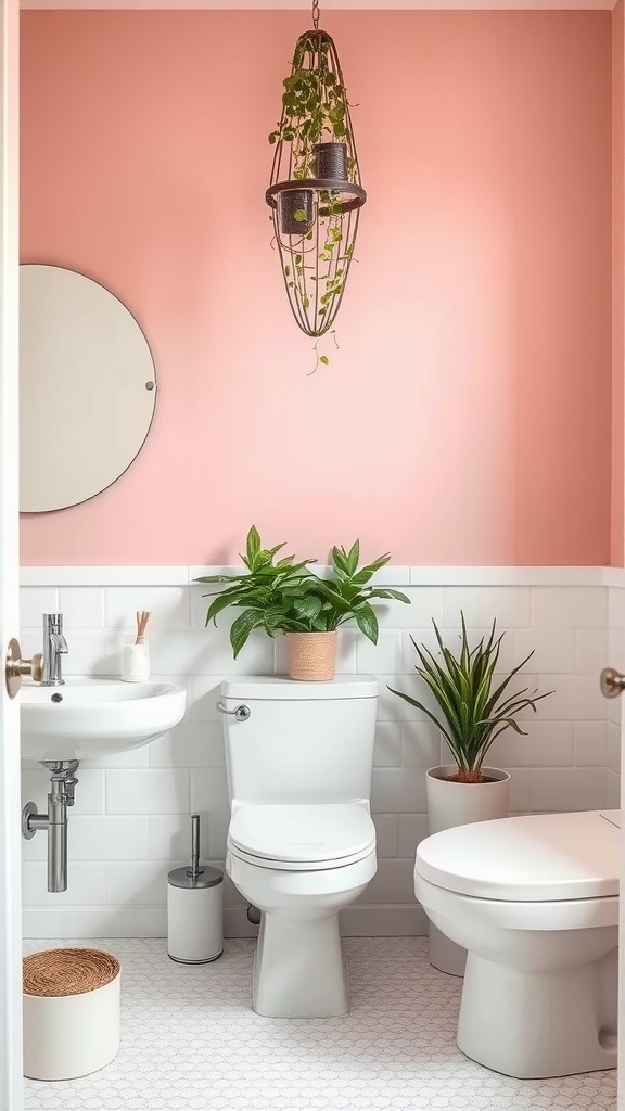 Bathroom with blush pink accent wall, plants, and modern fixtures.