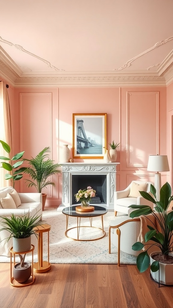 Living room with blush pink walls, light furniture, green plants, and decorative elements.