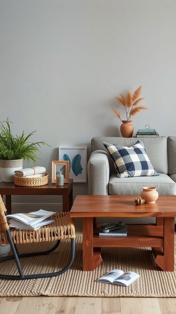A modern bohemian living room featuring a gray sofa with patterned cushions, wooden furniture, and decorative plants.