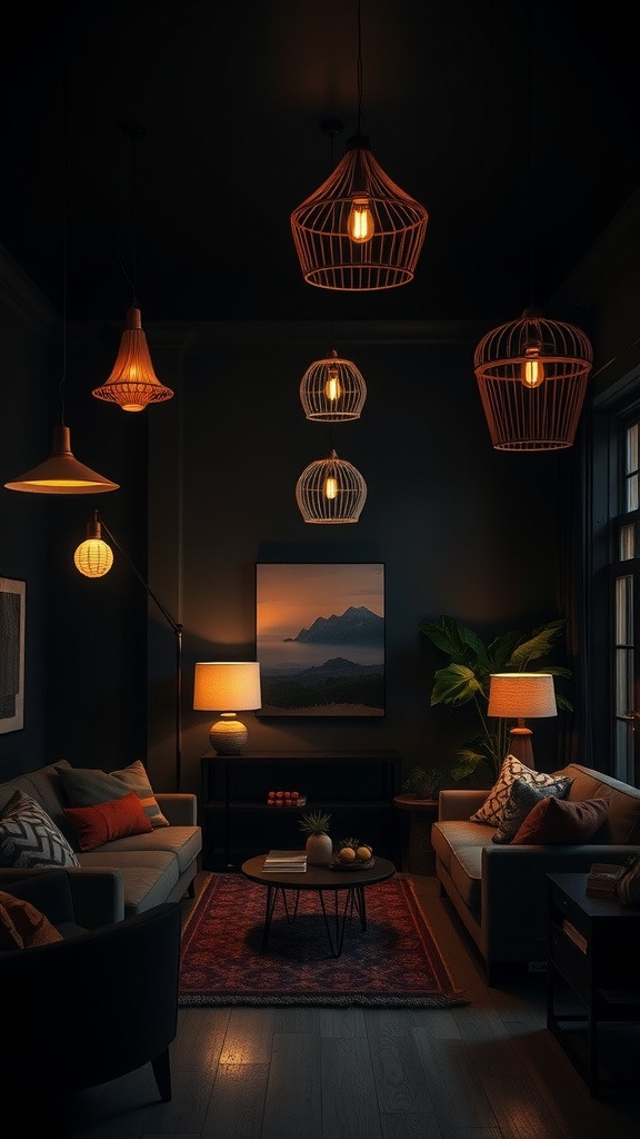 A dark boho living room with various lighting fixtures including woven pendant lights and table lamps.