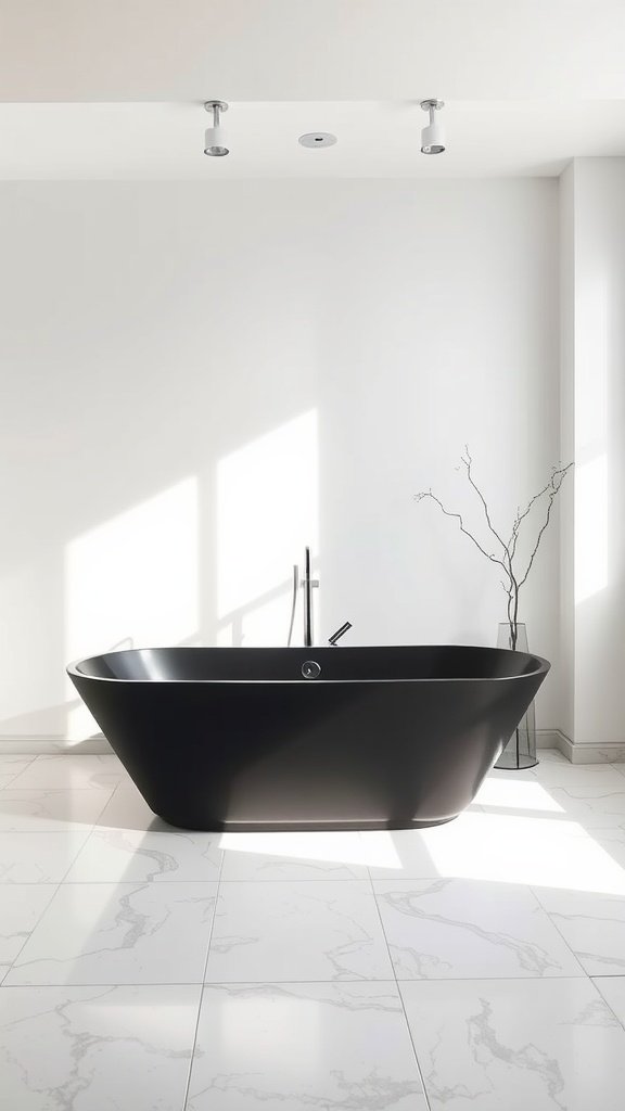 A sleek black bathtub in a minimalist bathroom with white walls and marble floors