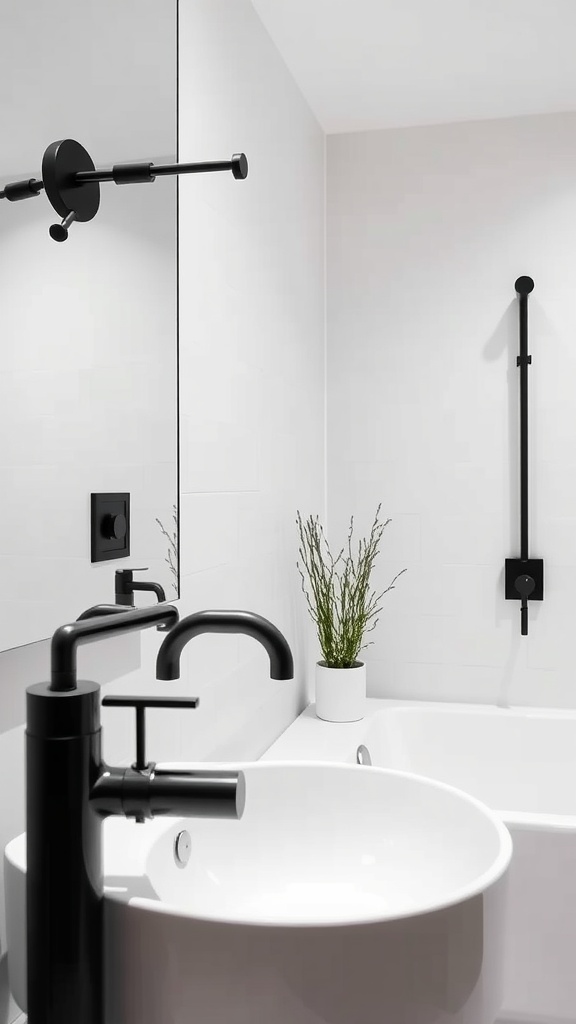 Modern bathroom featuring bold black fixtures, a white sink, and a plant.