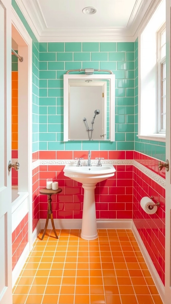A bathroom featuring bold colored tiles in turquoise, red, and orange with white trim.