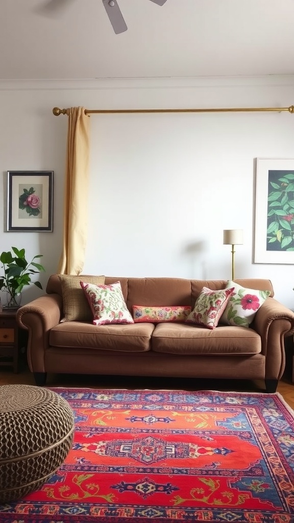 Living room with a brown couch, colorful floral pillows, and a patterned rug