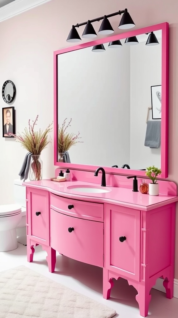 A bold pink vanity with black fixtures, featuring a large mirror and stylish lighting in a bathroom.