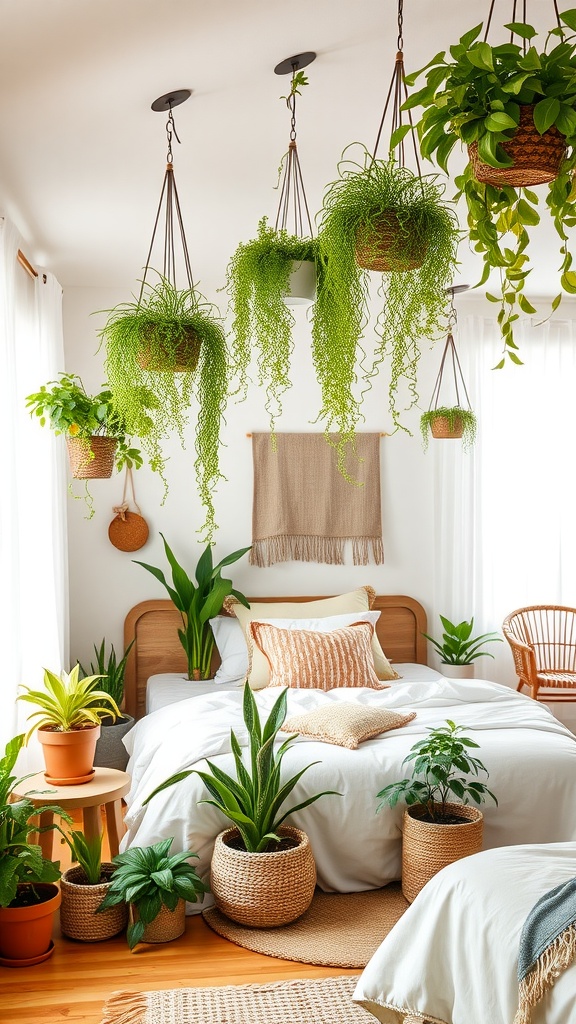 A cozy boho farmhouse bedroom with various hanging and potted plants, featuring a bed with a light duvet and decorative pillows.