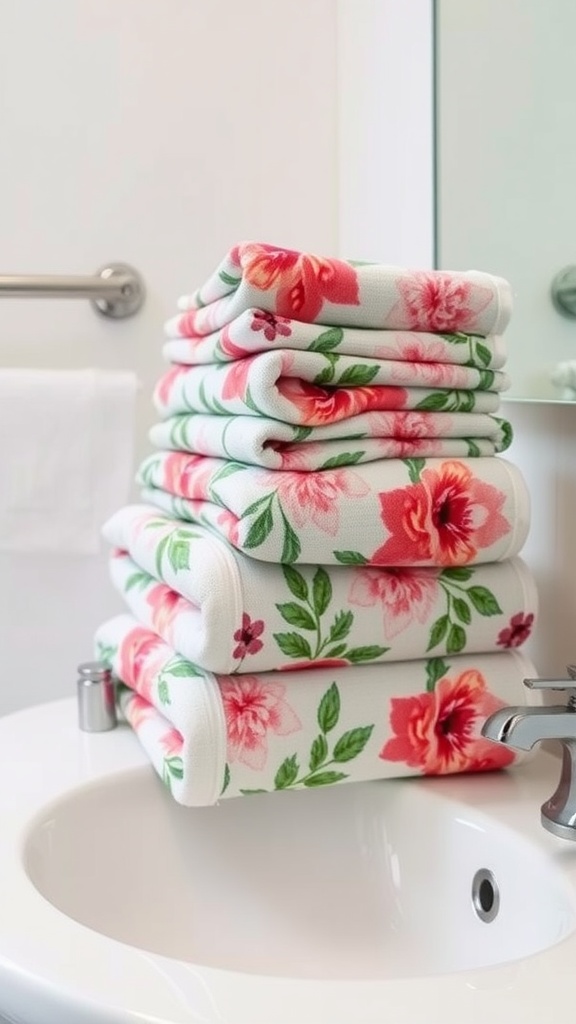 A stack of colorful botanical print towels on a bathroom sink.