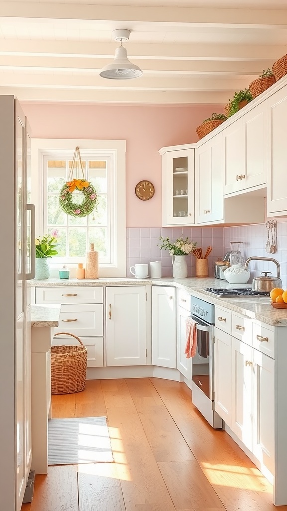 Bright and airy country cottage kitchen with soft pink walls and white cabinetry