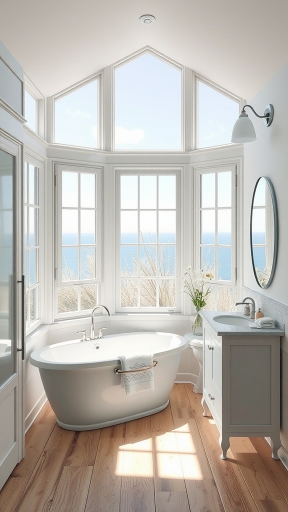 A bright and airy coastal bathroom with large windows overlooking the ocean, featuring a freestanding tub and stylish vanity.