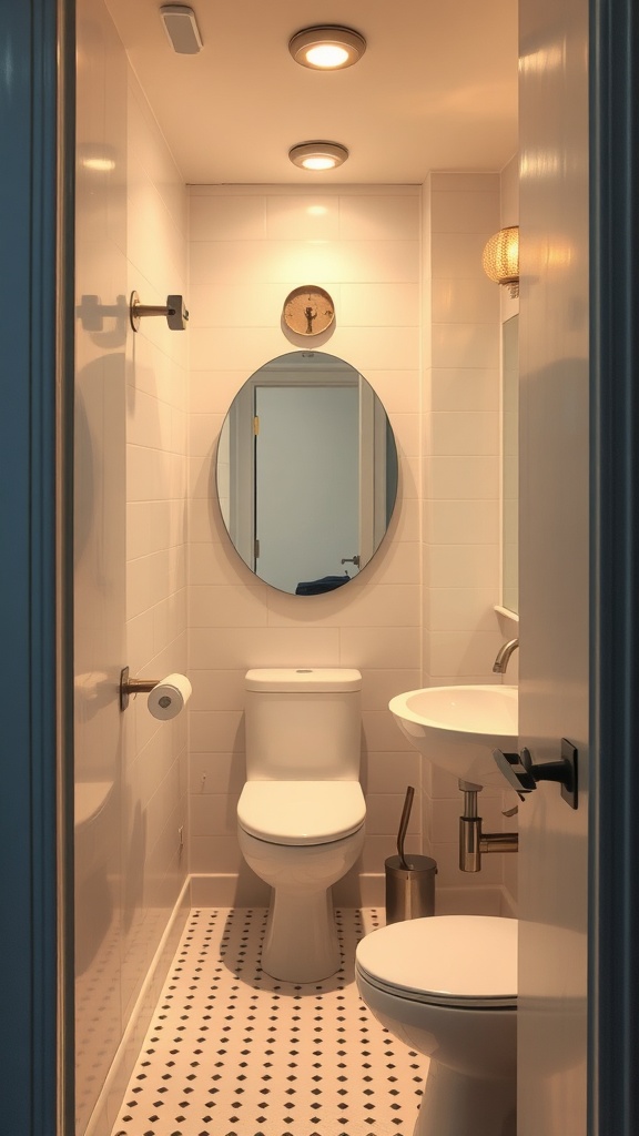 A small bathroom with recessed lighting, a round mirror, and a wall sconce.