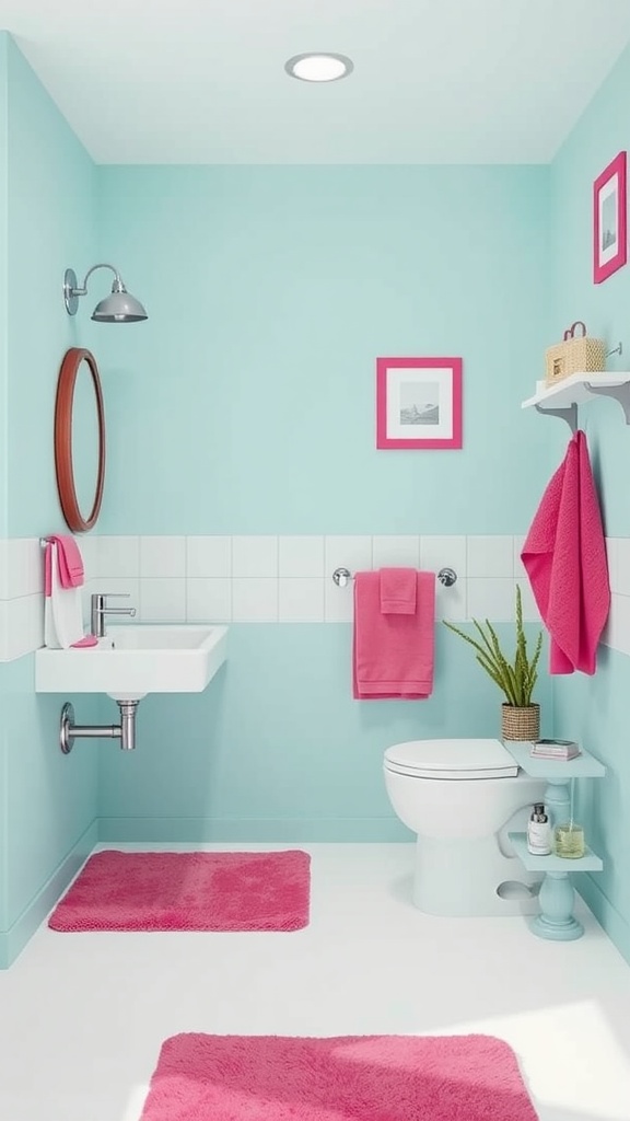 Bright pink rugs in a bathroom with aqua walls and white tiles.