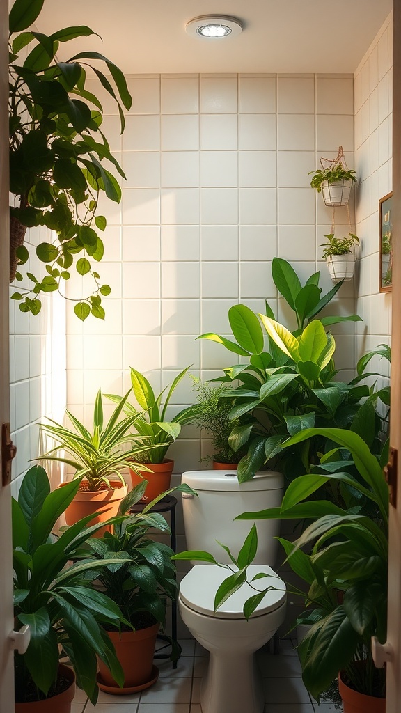 A bright bathroom filled with potted plants around a toilet, showcasing a cozy and inviting atmosphere.