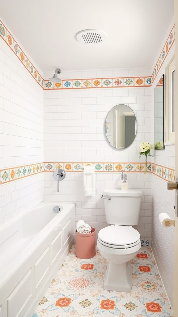 Bright white bathroom with colorful patterned borders and modern fixtures.